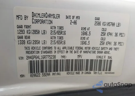 2006 Chrysler Town & Country Limited z USA, uszkodzony, nr VIN 2A4GP64L16R775238